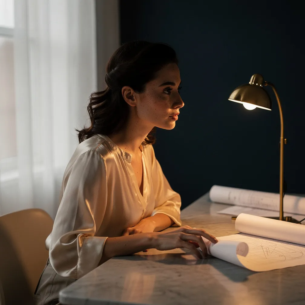 Femme brune élégante de 29 ans dans un atelier de design moderne, lumière tamisée, regard intense